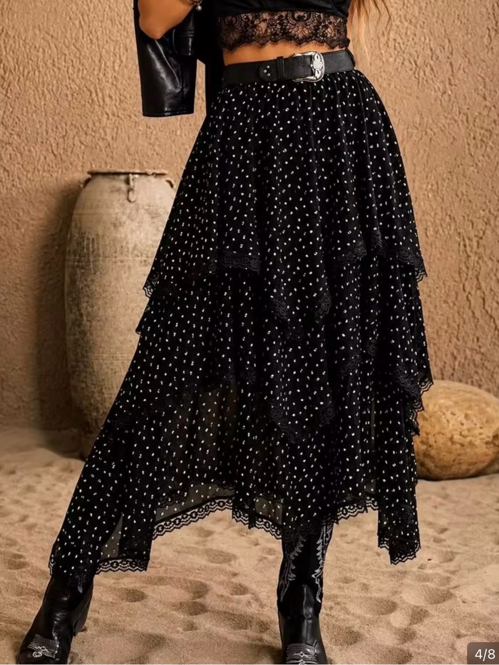 Boho Black Tiered Polka Dot Maxi Skirt